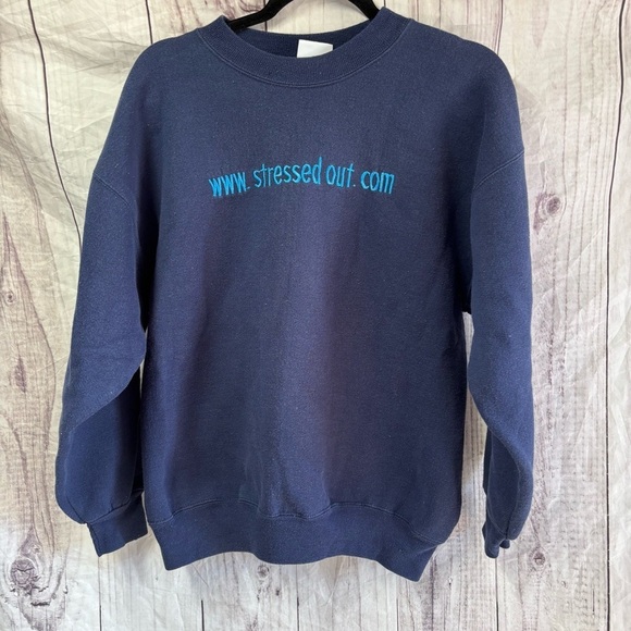 Vintage Other - Vintage Stressed Out Embroidered Navy Blue Crewneck Sweater large